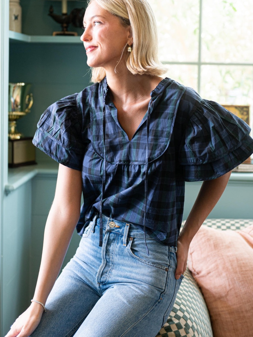 Sail to Sable Blackwatch Tartan Ruffle Sleeve Top